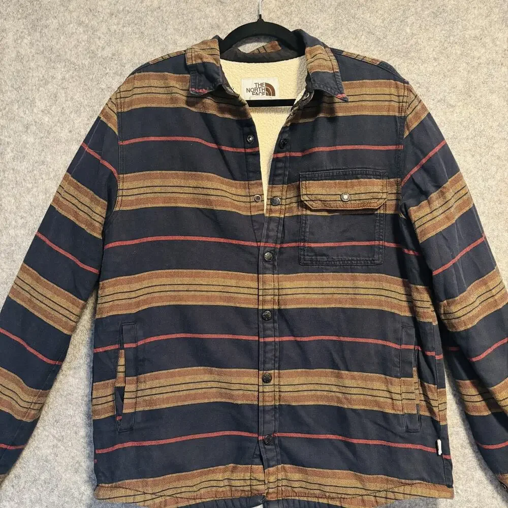The North Face Mens Medium Blue Brown Striped Flannel Sherpa Lined Campshirt